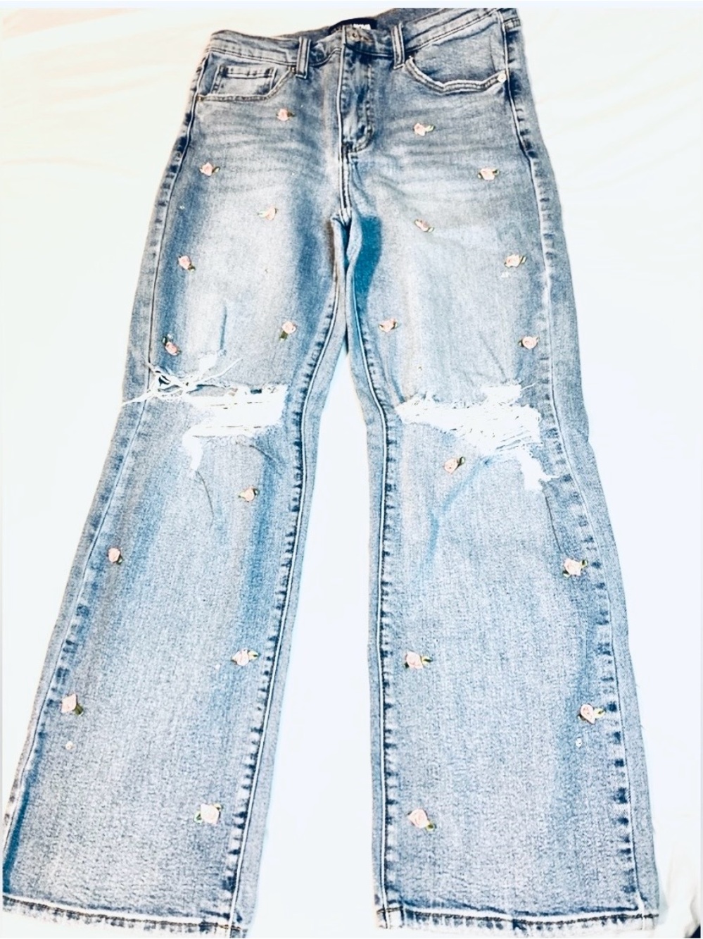 women’s 13 Fashion Nova Light Blue Rose rhinestone Denim jeans Wide